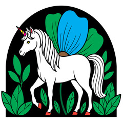 Mythical white unicorn with butterfly wings in floral arch © Juma