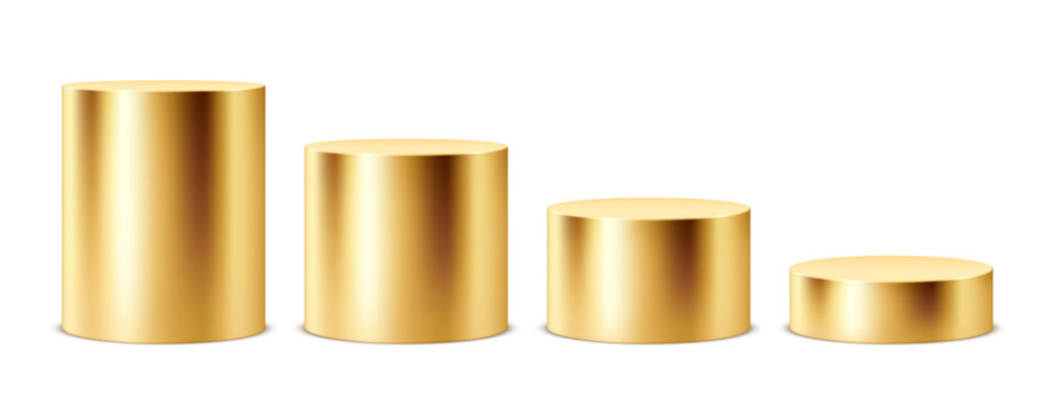 Vector collection of round golden pedestals or platforms of different heights for product presentation. Realistic and minimalistic mockup or template isolated on white background