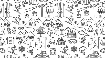 Naklejka premium Seamless Pattern with Detailed Winter Ski Resort Scene and Activities on Pale Textured Background