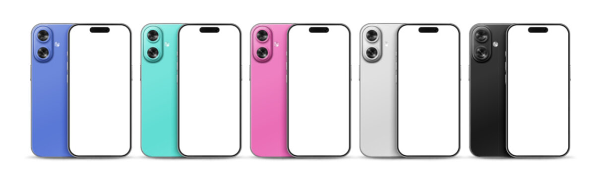 Vector illustration of modern mobile phones with camera, blank white screen, and cases in blue, teal, pink, white, and black color. Realistic mockup or template, isolated on white background