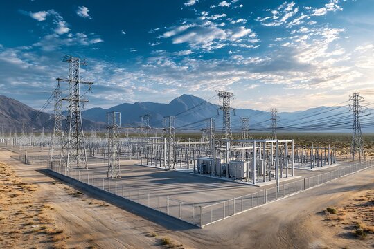High voltage electrical substation and transmission towers in arid desert valley with distant mountain backdrop