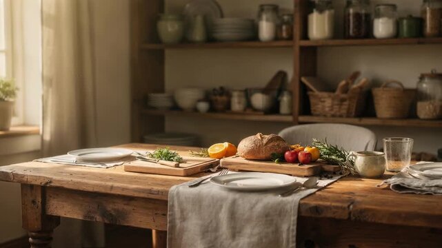 Medium shot of a cozy countryside guesthouse kitchen showcasing labeled shelves in soft focus with a long wooden table in sharp detail ready for breakfast prep.