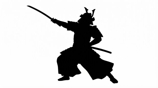 Silhouette of a Samurai Warrior in Action with Katana Sword 