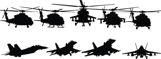 Military aircraft and helicopter silhouettes vector illustration, fighter jets and attack helicopters collection, aviation defense concept, air force fleet,   © MstSalema