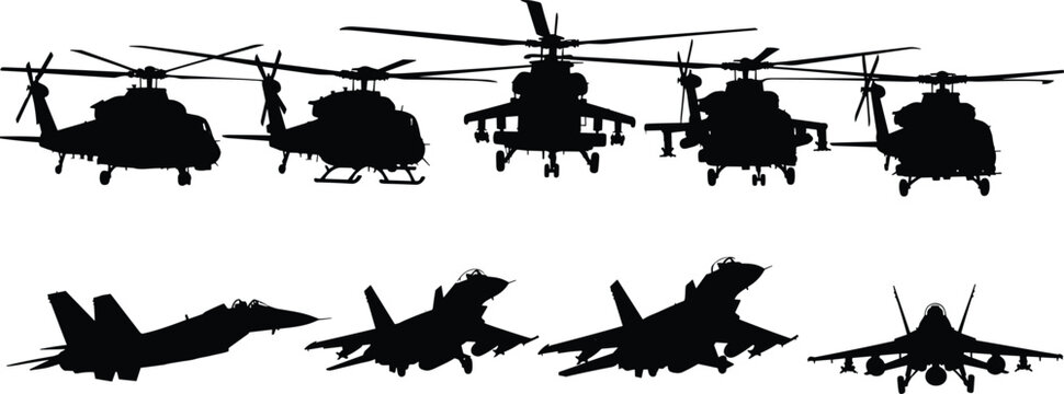 Military aircraft and helicopter silhouettes vector illustration, fighter jets and attack helicopters collection, aviation defense concept, air force fleet,  