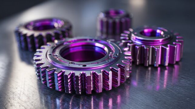 Close-up of four shiny metal gears with purple and blue reflections on metal surface