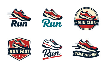 Collection of running shoe logos with dynamic and motivational slogans in vibrant colors