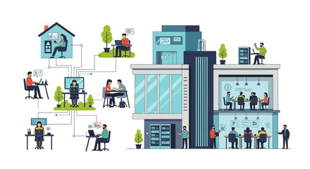 Naklejka premium Hybrid Work Model: Connected Remote, Office, and On-Site Workforce Collaboration Network