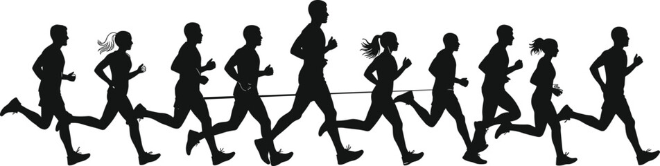 Fototapeta premium Black silhouettes of male and female athletes running together in a group marathon race isolated on white background for fitness and healthy lifestyle concepts (24 words)