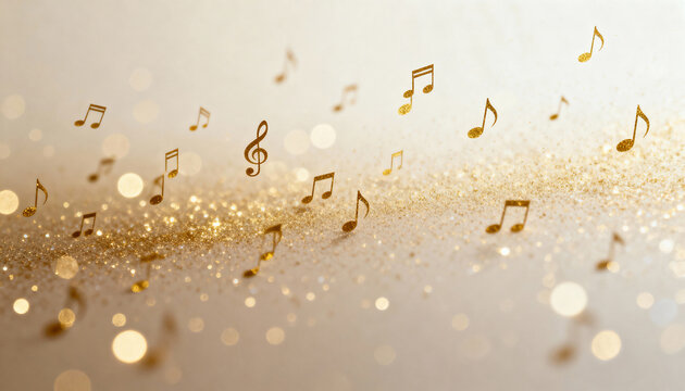 Sparkling gold musical notes on an elegant festive background. Abstract music concept with glitter and bokeh for a celebration or party