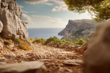 Fototapeta premium Rocky path winding through coastal landscape overlooking the blue sea