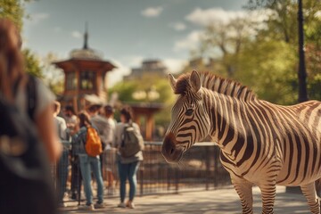 Fototapeta premium Zebra standing in a zoo enclosure with people in the background viewing the animal