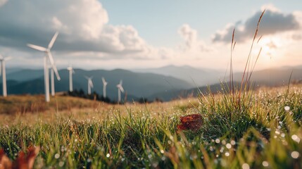 Naklejka premium Dewy grass in foreground with wind turbines capturing energy at sunset