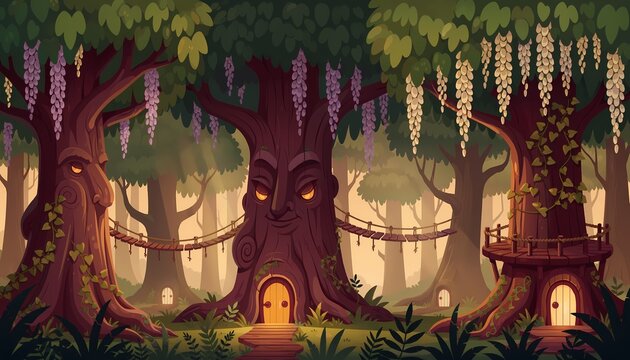 Whimsical treehouse village in mystical forest with glowing tree faces