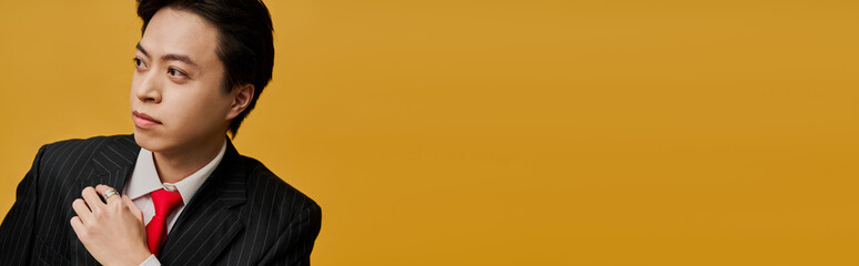 Elegant young businessman in stylish suit poses confidently in vibrant studio setting