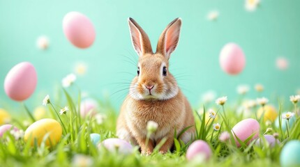 Obraz premium Brown rabbit sitting in green grass with colorful Easter eggs and daisies. Happy Easter holiday background. Spring nature concept with cute bunny and pastel eggs