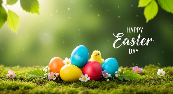 Happy easter day colorful eggs in green grass with flowers and sunshine