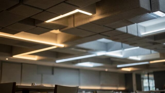 Medium shot displaying balanced warm and cool ceiling lights in sharp focus with soft blurred acoustic treatments creating the ideal sound environment for rapid dining service.