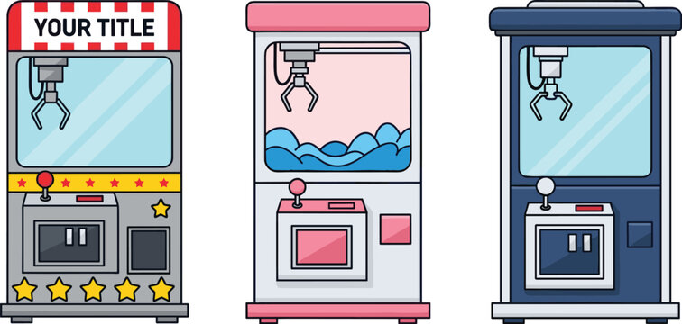 Claw machine arcade cabinets set with customizable title and different styles prize grabber vector illustration collection