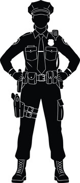 Full length black silhouette of a female police officer in professional uniform with duty belt radio and holster standing isolated on white background