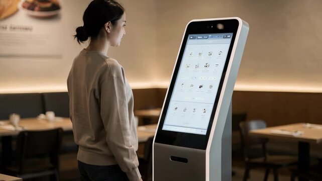 Medium shot capturing a customer selecting menu items on a sleek freestanding selforder kiosk highlighting the screen and orderly surroundings softly out of focus.