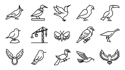 Obraz premium A collection of fifteen minimalist isometric line art icons depicting various species of wild birds
