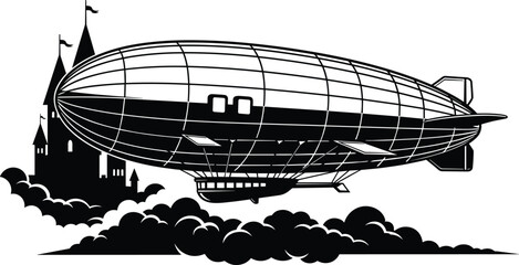 Vintage airship zeppelin vector illustration, steampunk flying dirigible over castle skyline, retro aviation transport outline design for fantasy travel and historical technology concept © MstSanoara