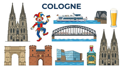Obraz premium Cologne landmarks and symbols illustrated including the Cathedral bridges beer and carnival