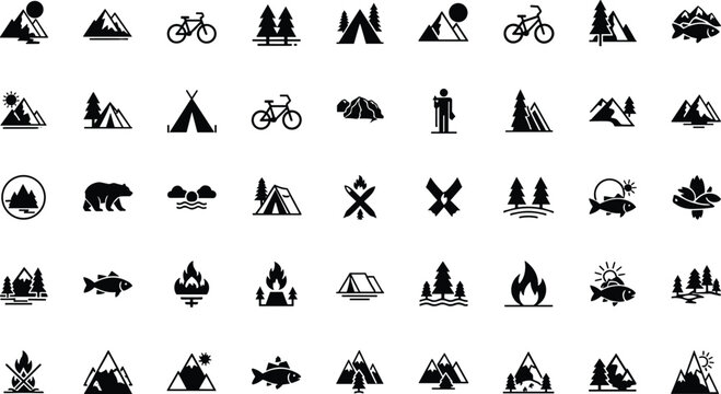 A collection of 36 small black silhouette icons on a white background