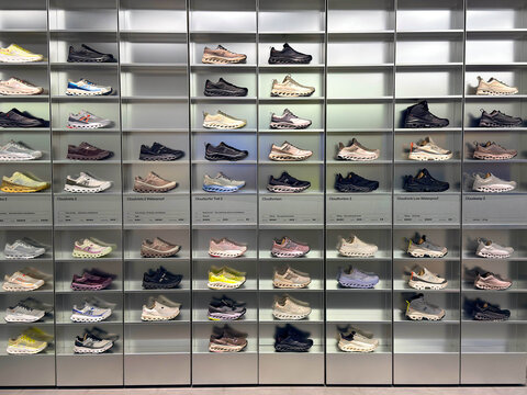 BANGKOK ,THAILAND July 15, 2025 : On Cloud Running shoes on display at a running shoe specialty store. On is a Swiss Company at siam paragon department store