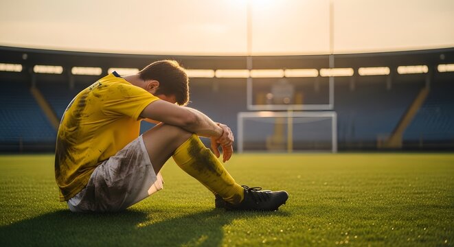 A sad soccer player sitting alone on a green field at sunset Professional soccer player in yellow and green kit intense action Brazil in 2026 soccer world championship.