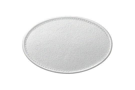 White oval fabric patch mockup, blank textile label with realistic stitching texture, empty embroidered badge