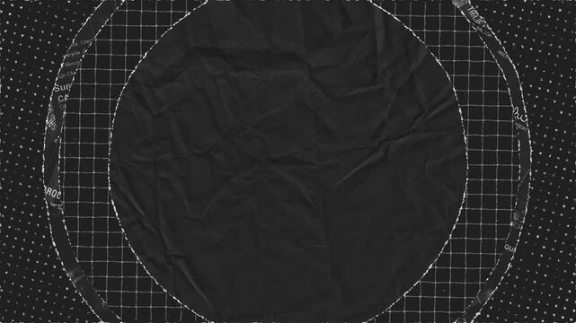 Black grunge texture with large circular torn frame and grid lines background