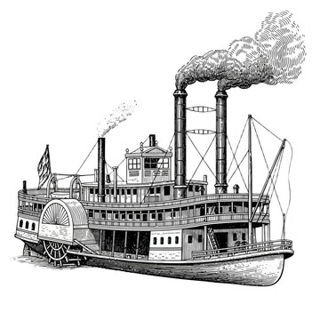 Vintage steamboat paddlewheel riverboat vector illustration