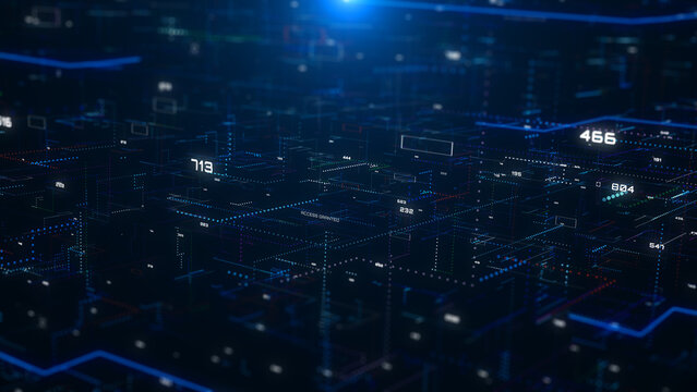 Futuristic Blue Virtual Data Room with Glowing Interface Panels and Abstract Digital Grid Architecture in 3D Perspective data processing illustration background.