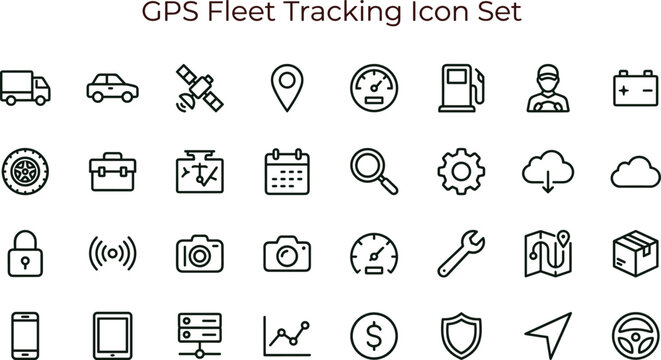 GPS fleet tracking outline icon set featuring vehicle monitoring navigation logistics interface symbols for transport management systems