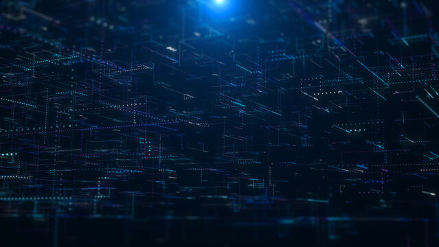 Futuristic Blue Virtual Data Room with Glowing Interface Panels and Abstract Digital Grid Architecture in 3D Perspective data processing illustration background.