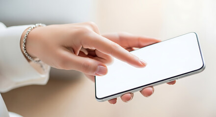 Obraz premium A woman's hand holding a smartphone with a blank screen