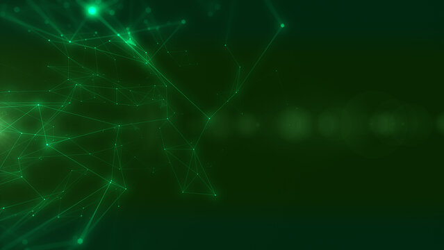 Technology digital low poly line structure cyber data network connection concept. Abstract geometric, triangle shape moving floating in green color illustration background.