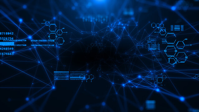 Abstract Technology Chemical Molecule Symbols System Monitoring Display. Network Line Connection Digital Data Copy Space Illustration Background.