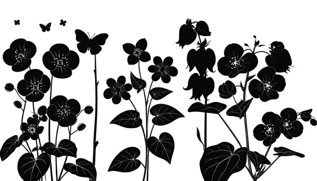 A black and white graphic illustration featuring various blooming floral stems and small butterflies