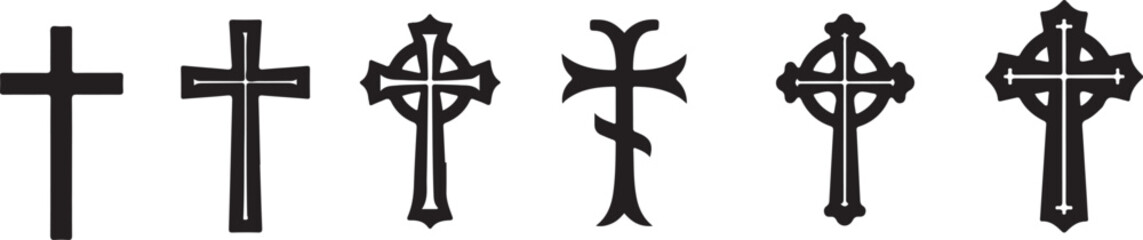 A collection of six distinct black christian crosses are displayed in a row forming a striking silhouette high quality professional detailed modern elegant stylish clean crisp © Tahmina