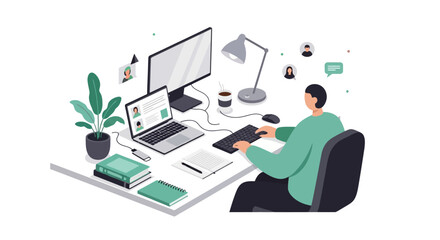 Naklejka premium Isometric Illustration of Person Working Remotely at Home Office, Engaged in Online Collaboration and Digital Productivity