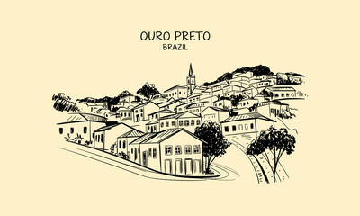 Naklejka premium Ouro Preto Brazil Colonial Town Hillside Sketch Illustration architecture
