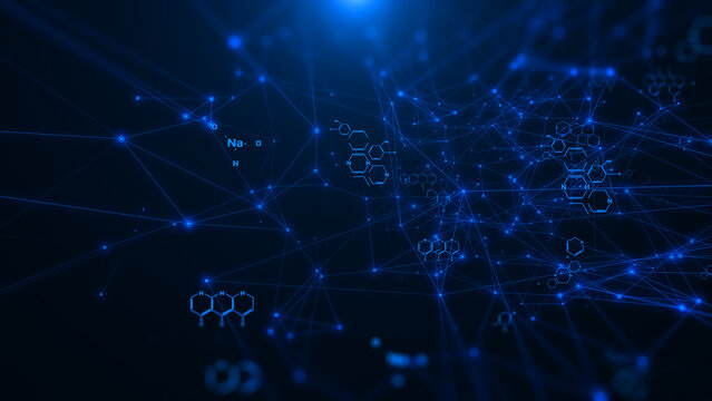 Abstract blue chemical futuristic structural health care formulas. Science geometric network cyberspace illustration background.