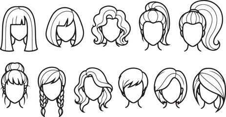 A collection of various female hairstyles displayed in black and white line art presented as a striking silhouette high quality professional detailed modern elegant stylish clean © Tahmina
