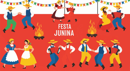 Naklejka premium Festa Junina Brazilian June Festival Celebration with Dancers and Accordion Players