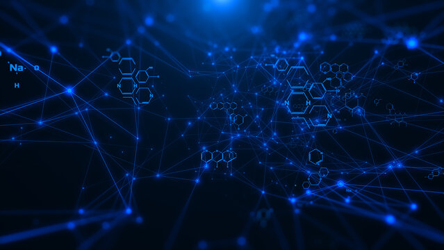 Abstract Technology Chemical Molecule Symbols System Monitoring Display. Network Line Connection Digital Data Copy Space Illustration Background.