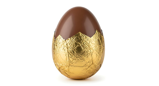 Chocolate easter egg with gold foil wrapping isolated on white background