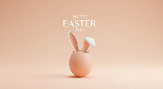 Happy easter day with pink easter egg and bunny ears on pastel background